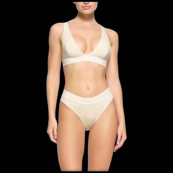 EUC SKIMS Cotton Ribbed Plunge Bralette in Bone Size Large - Picture 3 of 12